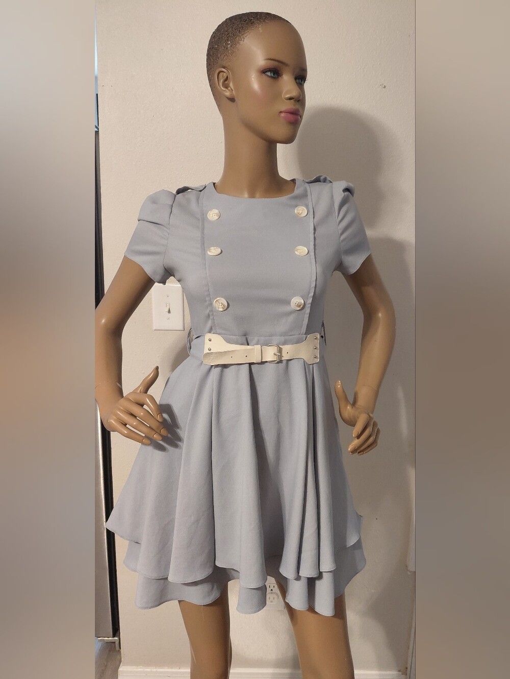 Light Blue Short Sleeve Belted Skater Dress